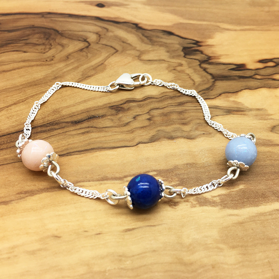 Birthstone effect 3 bead sterling silver bracelet